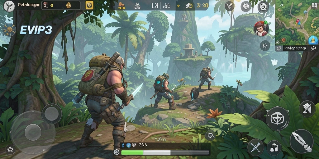 Tampilan gameplay EVIP3 di dunia yang luas dan eksploratif.